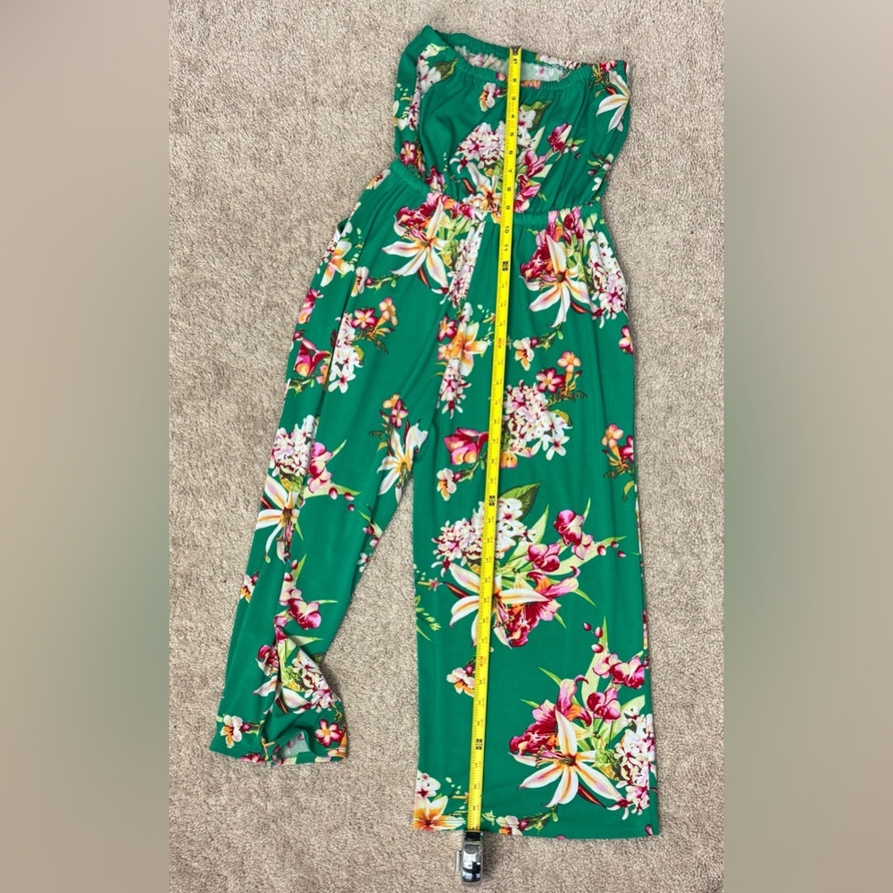Express Strapless Floral Jumpsuit | Tie Waist Belted | Green | XS - Picture 5 of 8
